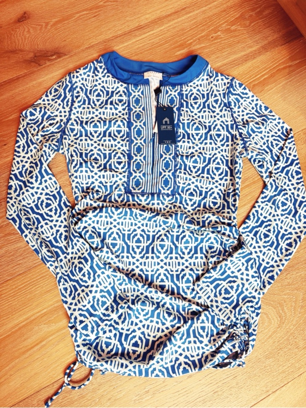 Talbots Blue & White Geometric Long-Sleeve Swim Coverup